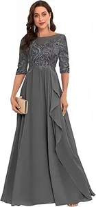 Vestidos de Encaje y Gasa para Madrina de <span class=keywords><strong>Boda</strong></span>, <span class=keywords><strong>Vestido</strong></span> Largo Formal de Noche con Mangas, Corte en A, para Invitadas y Madres de los Novios - Product Image 3