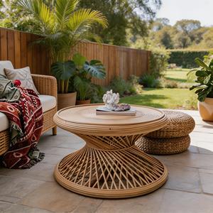 Handwoven Round Coffee <b>Table</b> Boho Hourglass Base Living Room Home Furniture - Product Image 3
