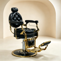 Fauteuil de Barbier Élégant en PU Noir avec Rivets, Chaise de Coiffure Professionnelle à Cadre Doré et Relevage Hydraulique – Fournisseur d'Usine
