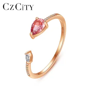 CZCITY Stone Jewelry Woman Open Gemstone S925 Silver Plated Ruby Pink Diamond Rose Gold Ring