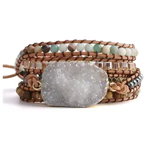 handmade 5 wraps picture natural crystal stone metal beads beaded wrap bracelet leather bohemian bracelets jewelry