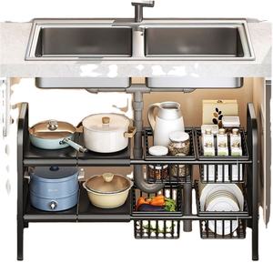 Kitchen 2-Tier Standing Type Metal Kitchen Sink Organizer <b>Under</b> Sink Organizer Adjustable Length Expendable Storage Tray - Product Image 1