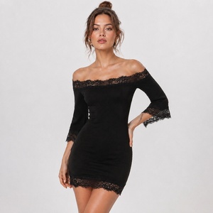 Vestido Mini Ajustado de Mujer con Hombros Descubiertos, Ribete de Encaje, Manga 3/4, Color Sólido, Cintura Natural, Elegante y Casual para Verano - Product Image 4