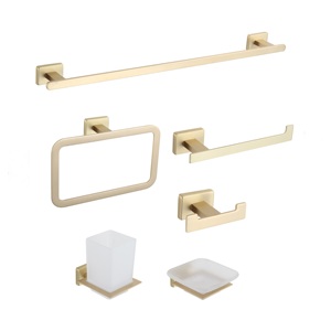 Set di 6 <span class=keywords><strong>Accessori</strong></span> per Bagno in Oro Spazzolato, Design Quadrato, Montaggio a Parete - Product Image 1