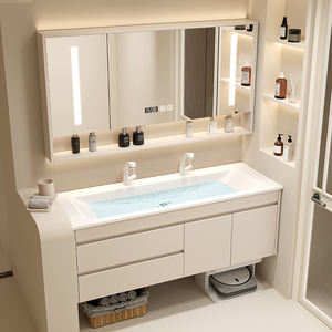Mueble de Baño Moderno con Tablero de Melamina, Gabinete Base Resistente a la Humedad, Lavabo de Cerámica Bajo Encimera, Espejo Táctil Inteligente para Apartamentos - Product Image 3