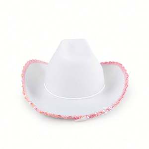 Sombrero de Vaquero Blanco con Lentejuelas Rosas en Forma de Estrella, Correa Ajustable para el Cuello, Unisex, para las Cuatro Estaciones, con Logotipo Personalizado, Accesorios para Disfraces de Fiesta - Product Image 6