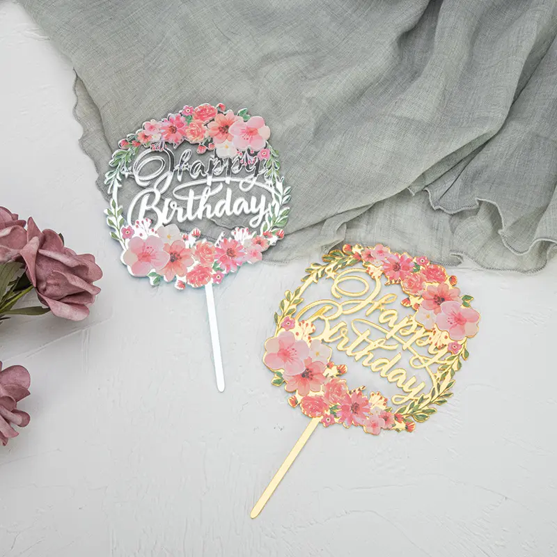 Acrylic Leaf Wreath "Happy Birthday" "Sweet Love" Cake Topper Dessert Decoration for Birthday Party Lovely Gifts