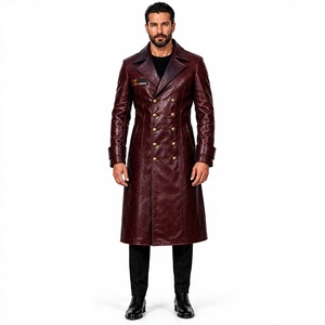 <b>Men's</b> Genuine Leather Long Trench Coat <b>Double</b> <b>Breasted</b> Notched Lapel Embossed Finish With Button Closure - Product Image 1