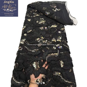 Tela de encaje africana con bordado floral 3D dorado, con cuentas y lentejuelas sobre malla blanca para vestido de novia nigeriano Aso Ebi - Product Image 6