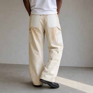 Pantalon <span class=keywords><strong>cargo</strong></span> ample personnalisé pour <span class=keywords><strong>homme</strong></span>, <span class=keywords><strong>beige</strong></span>, avec empiècements patchwork, multi-poches, coupe large, style utilitaire - Product Image 2