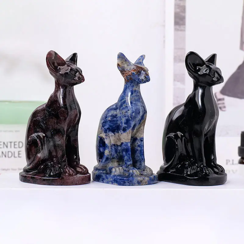 Figuras de gato egipcio de animales de piedras preciosas a precio de fábrica talla de Gato sin Pelo de cristal