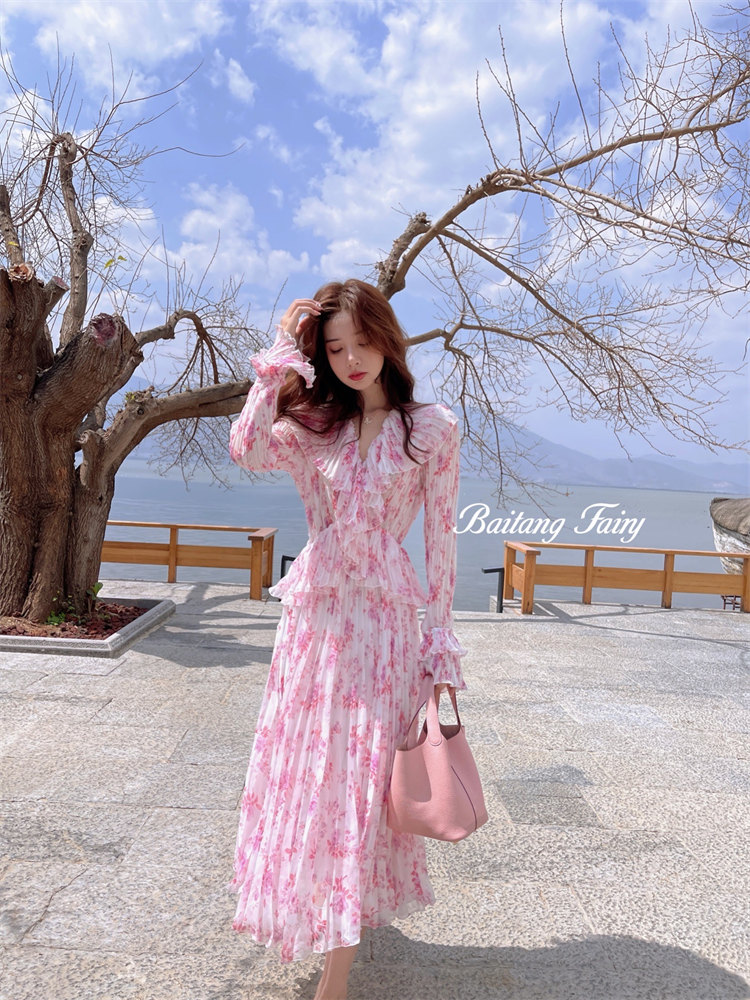 Korean Long Floral Dress for Women | Casual Chiffon Maxi Dress with Long  Sleeves - Elegant & Breathable Fashion Essentials