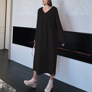 Coreano Pianura Maniche Lunghe Casuale Cotone Bianco Lungo del Vestito Delle Signore Allentato Con Cappuccio di Grandi Dimensioni T Abiti Camicia Abbigliamento Donna - Product Image 5