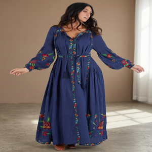 Hot Seller Elegant Casual Women's Dot Pattern <b>Long</b> <b>Sleeve</b> Knee-Length 100% <b>Linen</b> <b>Dresses</b> Natural Waist Customizable - Product Image 3