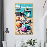 Peinture murale en aquarelle sur papier avec coquillages et bateaux en porcelaine cristalline - 40x70cm - Décoration de salon sur le thème de la plage
