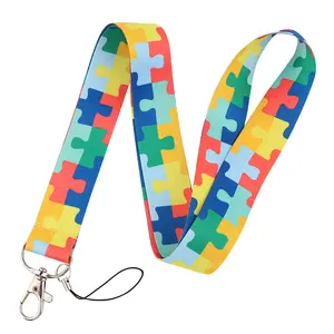 Custom polyester awareness ribbon neck strap puzzle pattern sublimation printed autism lanyard with metal hook