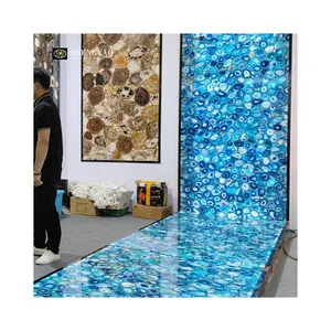 Plancher LED rétro-éclairé en marbre de pierre d'agate translucide bleue de luxe poli