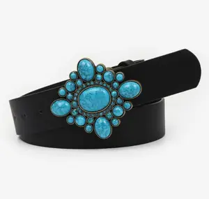 Hot selling wide PU belt with Turquoise buckle