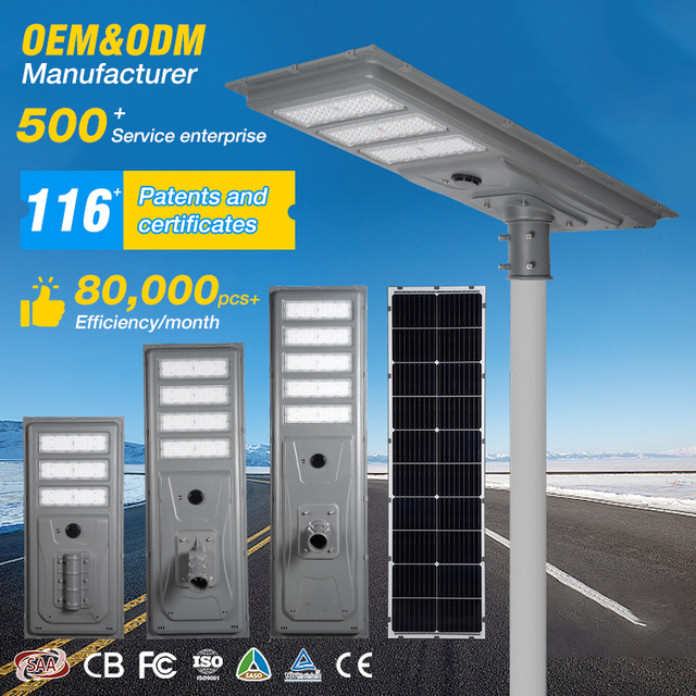 High Lumens Outdoor Ip65 Waterproof Die-cast Aluminum Road Lamp 100 200 300 Watt SMD All in One Led Solar Street Light
