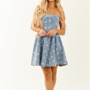 Nuevo Diseño de Vestido Corto Informal de Verano para Mujer, Estilo Simple sin Tirantes, de Mezclilla Lavada, Corte en A - Product Image 1