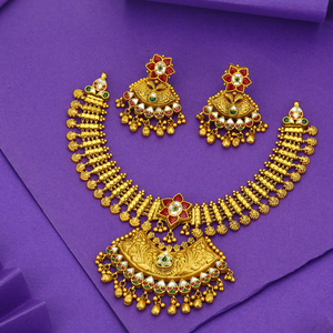 Conjunto de collar de oro del sur de la India con aretes, joyería antigua de templo, diseño floral, para novias, joyería tradicional festiva - Product Image 1