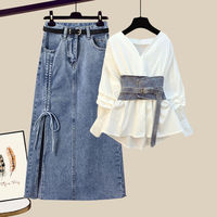 Ensemble deux pièces d'été pour femme, nouveau style, grande taille, anti-plis, chemise col en V cintrée à la taille et jupe en jean