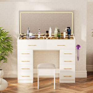 46 "Glass Top Vanity bàn với 10 ngăn kéo trang điểm Vanity với gương và phân, 3 chế độ chiếu sáng bàn trang điểm, ổ cắm điện - Product Image 2