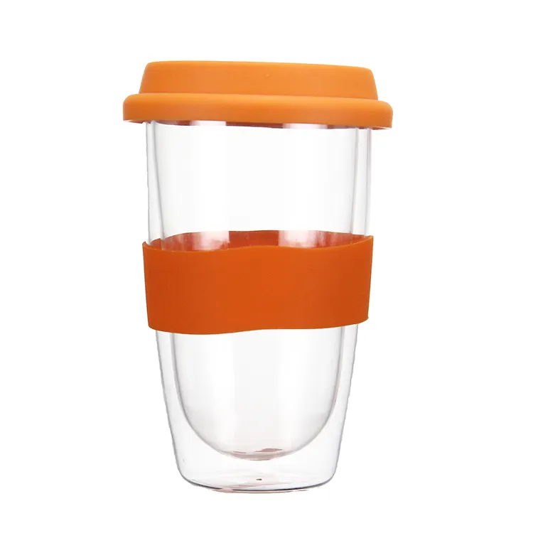 Taza de vidrio de doble pared para viaje, taza de café de vidrio transparente con taza de viaje de silicona, gran oferta