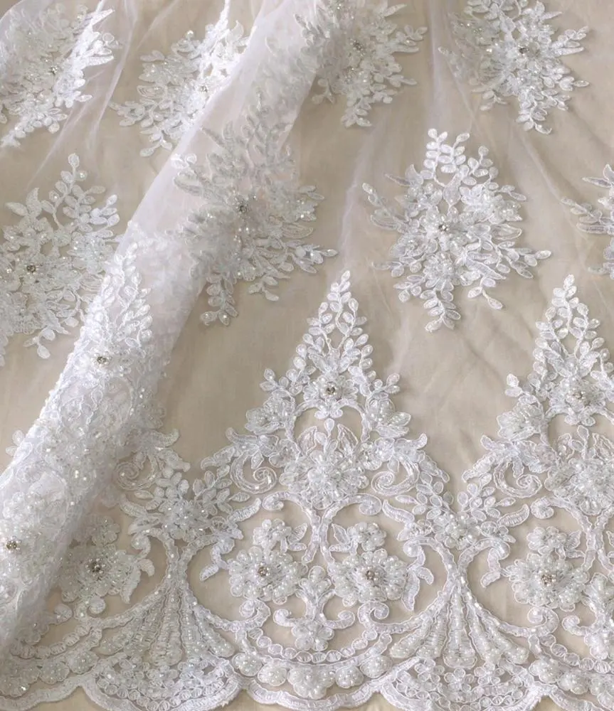 Tissu brodé en dentelle de mariée, couleur blanche, paillettes perles, strass, pour robe de mariée, nouvelle mode, 50 m