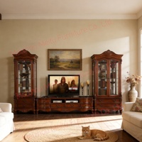 Vitrina de Madera Tallada Estilo Rústico Americano Vintage con Puertas Dobles de Cerezo y Cristal, Mueble Grande para Licores con Puertas de Cristal para Sala de Estar