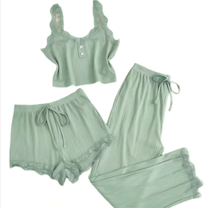 Conjunto de Pijama de Verano para Mujer, Delgado, Transpirable, de Tres Piezas, con Camisola de Encaje y Pantalones Cortos Largos, Estilo Europeo-Americano, Comercio Exterior Transfronterizo - Product Image 3