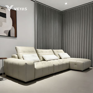 Nouveau canapé d'angle sectionnel en cuir véritable marron minimaliste tendance, luxe, 2, 3, 4 places, rembourrage incurvé en peluche - Product Image 2