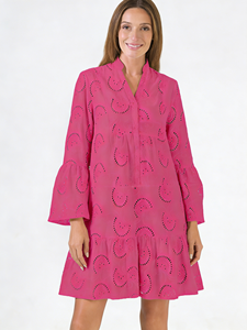 Robe d'été décontractée en coton tricoté grande taille 2026, coupe ample, broderie 3D, longueur genou, col montant, manches cloche - Product Image 1