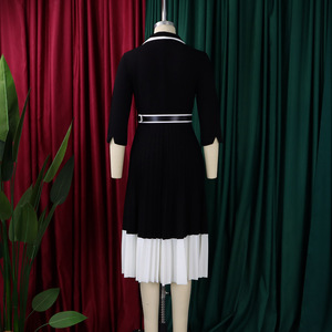 Fashion Winter Dress Women's Casual Elegant Color <b>Matching</b> <b>Long</b> Sleeve V-neck A- line Pleated Office Women Dress with Belt - Product Image 5