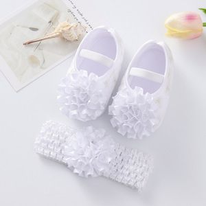 Newborn Lace Flowers <strong>Headband</strong> Anti-Slip Soft Sole First <strong>Walkers</strong> Toddler Kids Cotton Baptism Shoes Spring Infant Baby Girl Shoes - Product Image 3