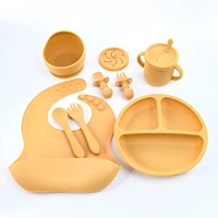 Ensemble repas bébé en silicone de qualité alimentaire, assiette à ventouse antidérapante, bavoir, tasse à bec, cuillère, fourchette, kit d'autonomie pour nourrisson, en stock