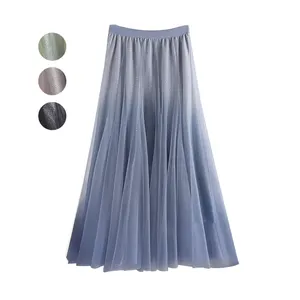 Wholesale Cheap Gradient Color Bright Silk Long Midi Skirt Mesh Patchwork A-line Pleated Swing Elastic High Waist Skirts Women