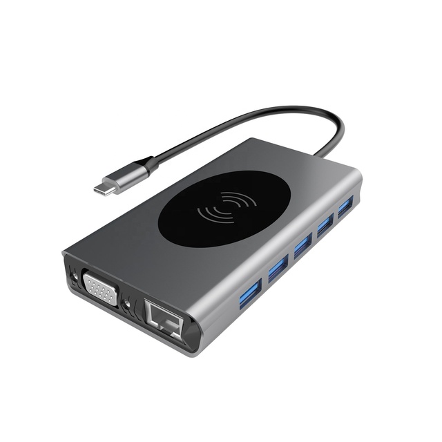 13 in 1 USB C Hub with 4K HDMI VGA Gigabit Ethernet Wireless Charging 100W PD 5 USB a SD / TF Card Reader for MacBook Pro Etc