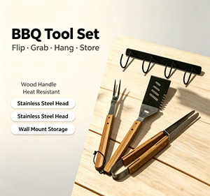 <b>BBQ</b> Tool Set 3-Piece Wooden Handle Stainless Steel Grill Tools Heat Resistant Minimalist Design for Outdoor Grilling - Product Image 1