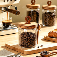 Pot de conservation en verre en gros avec couvercle en bois et cuillère, récipient de stockage alimentaire en verre borosilicate pour thé, café et grains