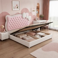 Lit plateforme rose pour enfants avec rangement à vérin et tête de lit capitonnée pour chambre de filles