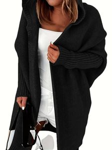Cardigan uni pour <span class=keywords><strong>femme</strong></span>, sweat à capuche <span class=keywords><strong>long</strong></span>, doux et ample, pull tricoté tendance et décontracté - Product Image 3