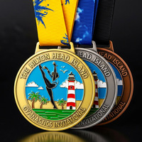 Medalla de gimnasia artística de aleación de zinc prensada, trofeo personalizado con esmalte de relleno completo y correa de transferencia térmica para galas deportivas costeras