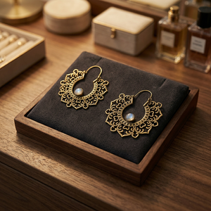 Grandes boucles d'oreilles créoles ethniques tribales indiennes gitanes antiques en pierre, motif mandala, style bohème, avec pierre de lune, pour femme - Product Image 3