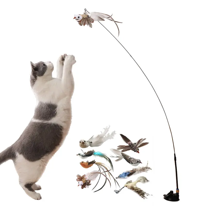 सिमुलेशन पक्षी घंटी बिल्ली छड़ी के साथ इंटरैक्टिव बिल्ली खिलौना मजेदार पंख पक्षी खिलौना सक्शन चिढ़ाने बिल्ली की छड़ी खिलौना