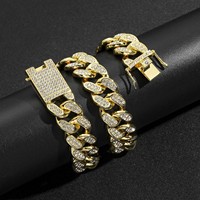 Collier chaîne cubaine épaisse de 20 mm de qualité supérieure, entièrement sertie de zircons, avec fermoir double pression, en alliage plaqué or, vente en gros