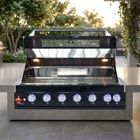 Barbecue à gaz encastrable en acier inoxydable noir, 6 brûleurs, cuisinière de cuisine extérieure avec couvercle en verre