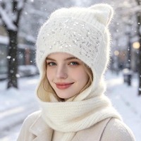 Bonnet-écharpe tricoté jacquard à sequins style européen et américain avec oreilles de chat, pour femme, hiver, épais, en fourrure de lapin, chaud et protège-oreilles