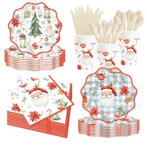 DAMAI New Christmas Party Tableware Set Include 7' and 9' Inch Wavy Paper Plate Paper Cup Napkin for Merry Christmas Party - Product Image 1