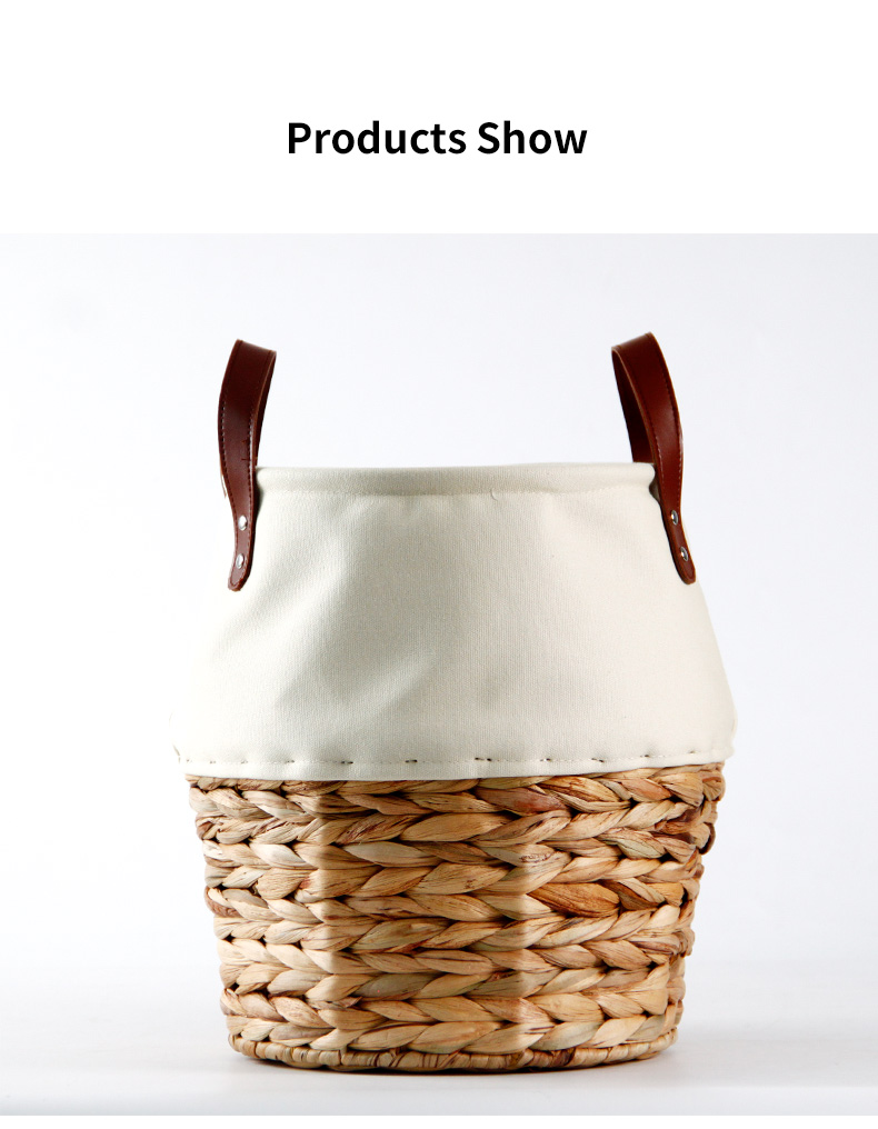 Handwoven Baskets With Leather Handles Water Hyacinth and Canvas Home Storage&Organization Storage Basket